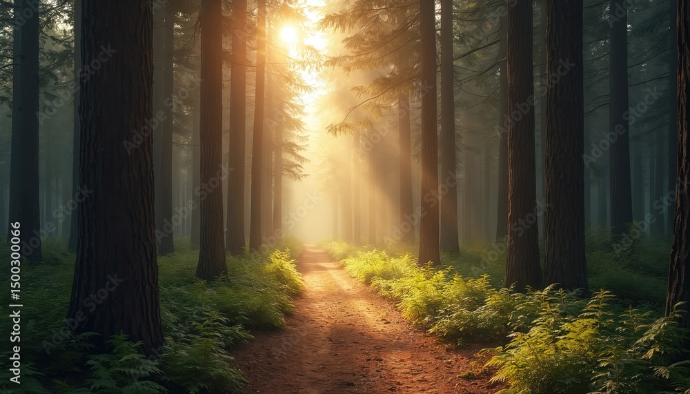 Poster pine trees forest path on trail. sunlight rays pierce through wood, create misty fog. autumn leaves 