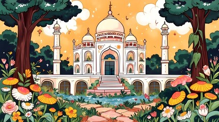 Taj Mahal in a classical Greek garden, white marble dome surrounded by floral balustrades, peacocks dancing near blooming lotus flowers, seamless pattern of jasmine and marigolds, ethereal sunrise glo