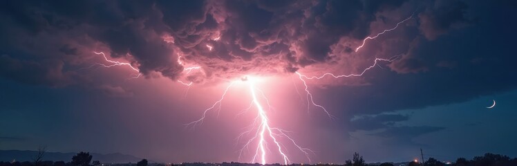 Night storm illustration shows bright lightning flashes, electric bursts, flashing lights, glowing clouds. Dramatic weather sky, nature. Lightning strikes during thunderstorm. Power of nature.
