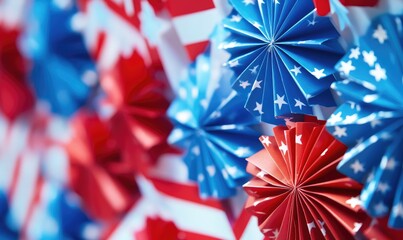 Obraz premium Memorial Day and Independence Day USA decorations, red, white, and blue festive theme. AI generated illustration.