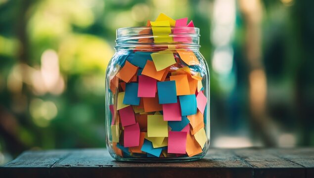 Colorful sticky notes fill a clear glass jar (3)