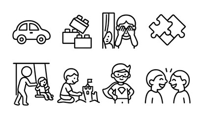 Fototapeta premium Childhood and play outline icons set – kids, toys, early learning symbols