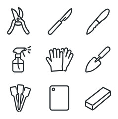 Gardening Tool Icons. Outline icon set of cutting tools: pruning shears, scalpel, rooting knife, sterilizing spray bottle, gloves,