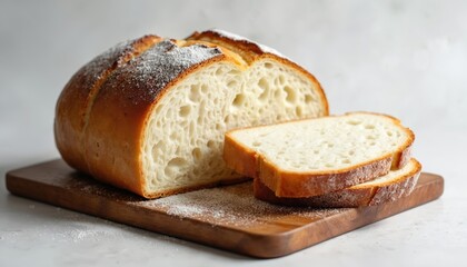 Freshly baked sourdough bread with cut slices on wooden board. Rustic loaf with delicious crust. Homemade food. Perfect for breakfast. Healthy eating concept. Baking and cooking recipe.