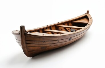 Antique wooden rowboat isolated on white background. Classic design, boat for rowing, sailing, water transportation, nautical theme. Vintage vessel evokes historic voyage.
