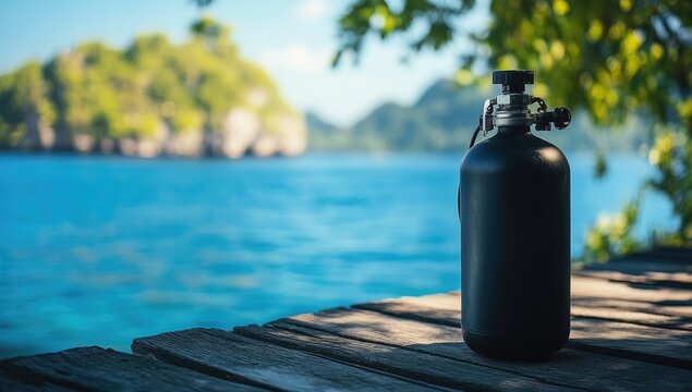 Dark bottle on wooden dock, ocean view