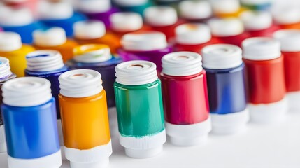 Colorful Paint Tubes, Art Supplies, Creative Colors, Vibrant Hues, Artist's Palette, Paint Bottles, Closeup View, Bright Paint, Mixed Media, Studio Shot