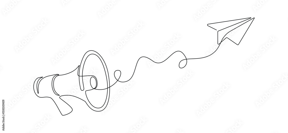 Poster Petition concept in One continuous line drawing. Loudspeaker and speaker with paper plane in simple linear style. Megaphone announce symbol in Editable stroke. Doodle vector illustration