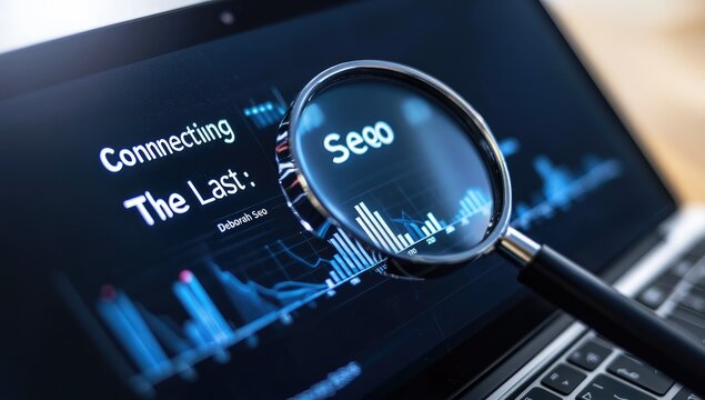 Magnifying glass over a laptop screen displaying financial data and text "Connecting the Last Seco