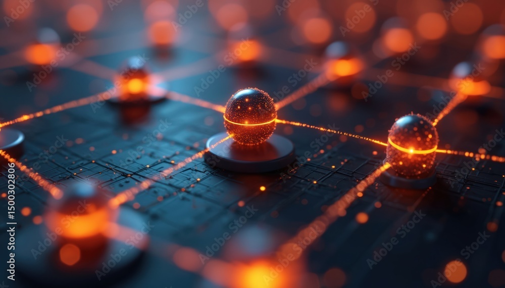 Poster illustration 3d network of search engine icons. interconnected glowing threads symbolize digital sea