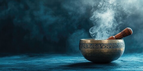 Bronze singing bowl with rising steam