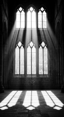 Obraz premium Gothic interior with sunlight streaming through arched windows creating dramatic light patterns