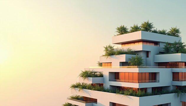 Modern building with green plant on roof. Sustainable investment opportunity, eco-friendly real estate. Urban design with rooftop garden, nature-integrated tech solutions. Financial growth in smart