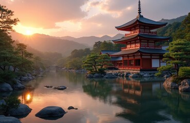 Obraz premium Japanese zen garden scene. Pagoda temple near lake reflects beautiful nature. Traditional building with lake reflections sunset light in Kyoto Japan. Tranquility peace meditation wellness.