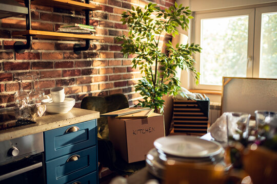 In a contemporary apartment, an empty room stands filled with boxes and select pieces of furniture, epitomizing the initial stages of residents moving in