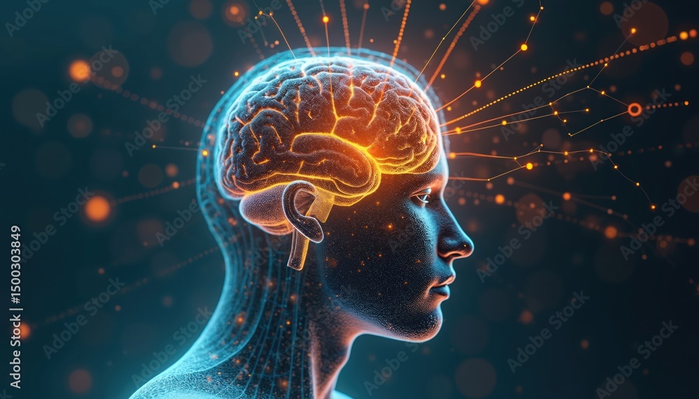 Poster illustration shows brain with connections. human head profile, representing mind-machine interface. 
