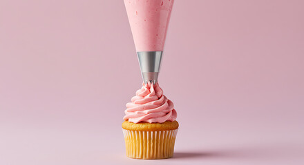 Icing piping bag and cupcake, isolated on pastel background
