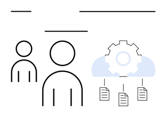 Abstract representation of individuals, gear and cloud with document flow, conveying teamwork, cloud computing, and workflow optimization. Ideal for teamwork, cloud integration, process automation