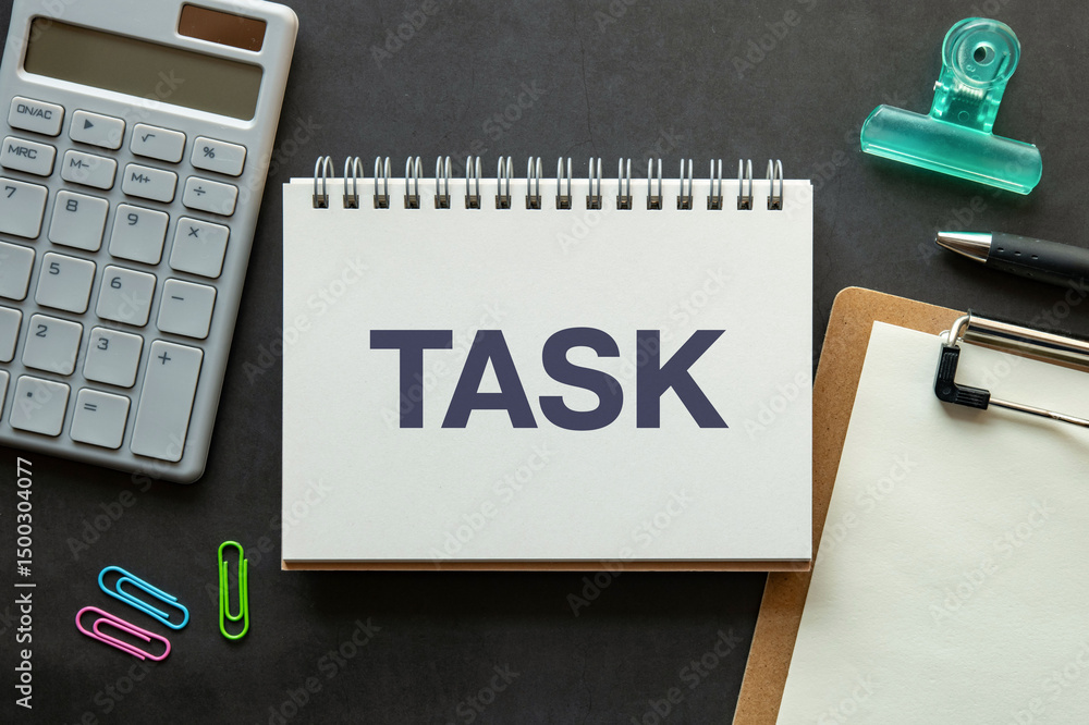 Poster there is notebook with the word task. it is as an eye-catching image.