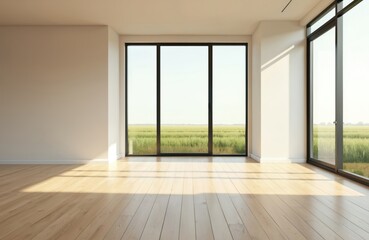 Modern interior design. Empty living room, bright daylight through large windows. Minimalist style, parquet floor. Open space, home, apartment. Illustration, 3d render, eco-friendly design, natural