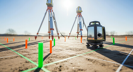 Geodetic grid plan with bright markers and leveling instruments on a flat ground under sunlight, geodetic survey concept

