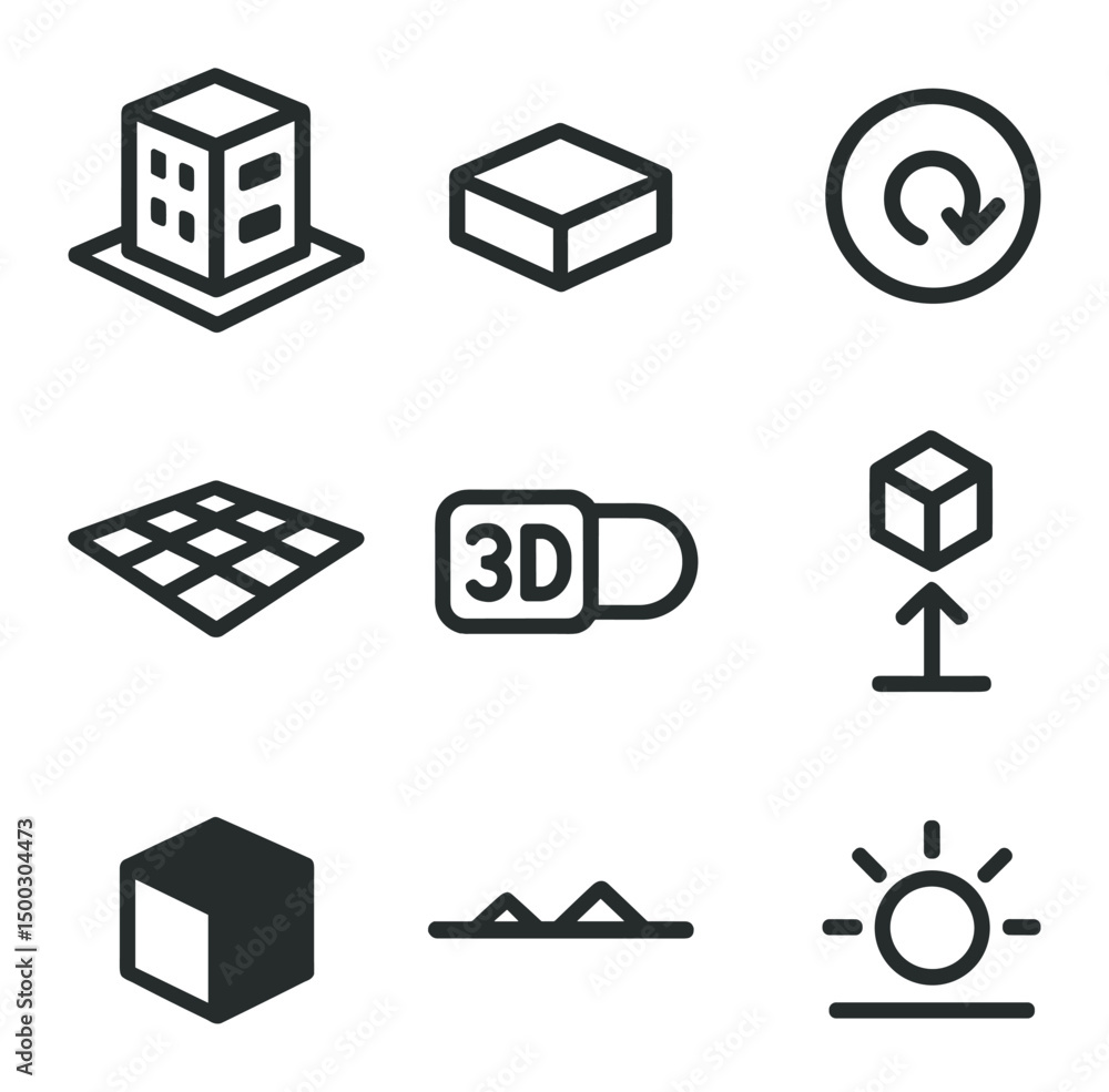 Poster 3d mapping icon set. outline icon set of 3d mapping features: 3d building model, extruded area, tilt