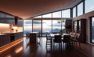 A sleek modern kitchen bathed in the soft glow of accent lighting opens to a spacious dining area where a hardwood floor stretches towards a table adorned with granite countertops Large panoramic wind
