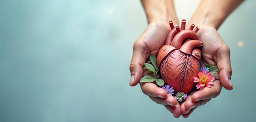 Hands hold a human heart decorated with flowers, symbol of love and emotion. Good-hearted person gives help, charity concept. Generative AI used for heart illustration.