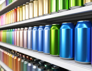 Colorful beverage cans are neatly arranged in long rows on bright supermarket shelves, reflecting the store lights and showcasing a variety of drink options for customers.