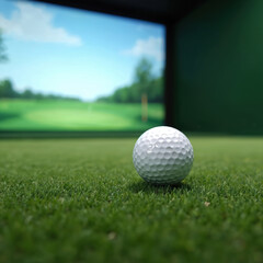 Fototapeta premium White golf ball sits on green grass. Blurred golf course simulator with green wall in background. Golf ball on tee, macro closeup. Golf game training indoors, leisure time.
