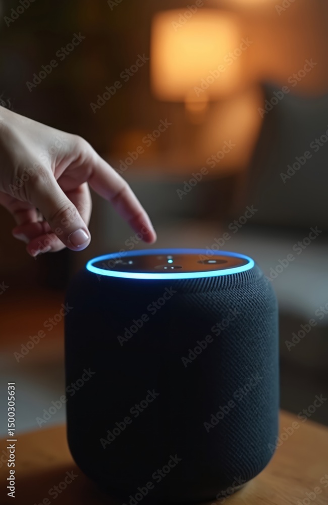 Aufkleber person points to black smart speaker with blue light. modern tech device for digital assistant, voic