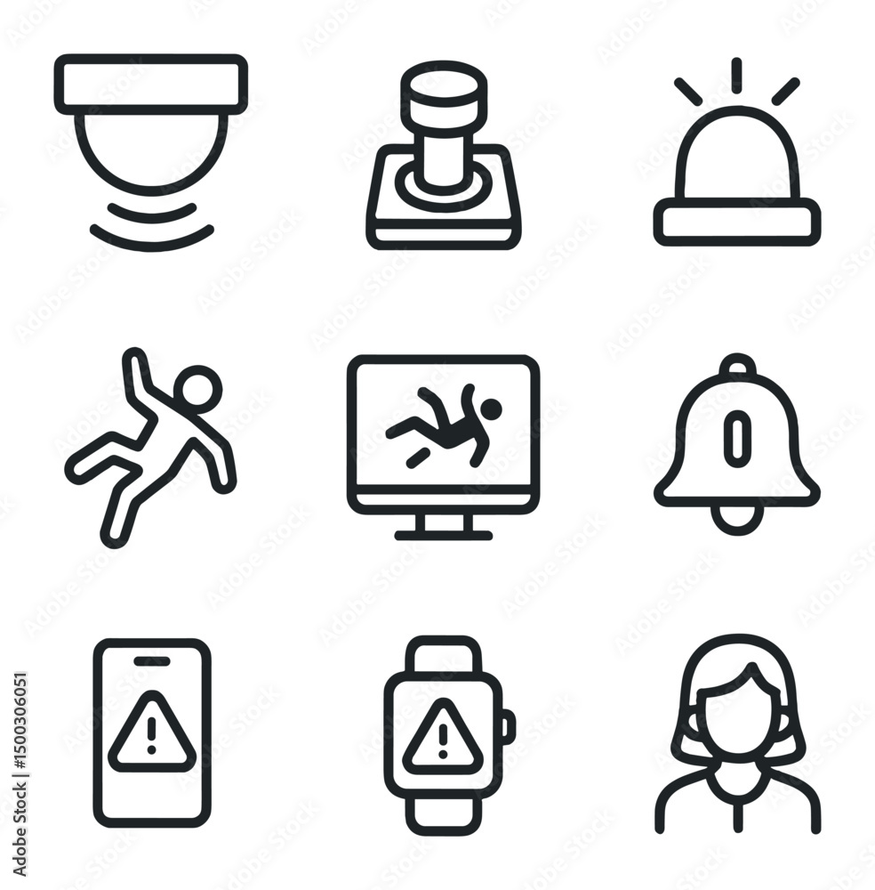 Poster fall alert icon set. outline icon set of fall detection and alert robots: motion sensor, emergency b