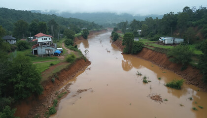 Fototapeta premium Aerial view of flooded rural area with damaged houses, mudslides. Environment disaster, river overflowing. Climate change impact, heavy rain leads to ecological problems.