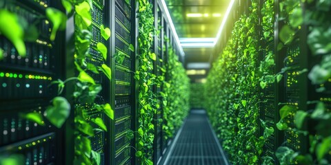Server room filled with lush green plants