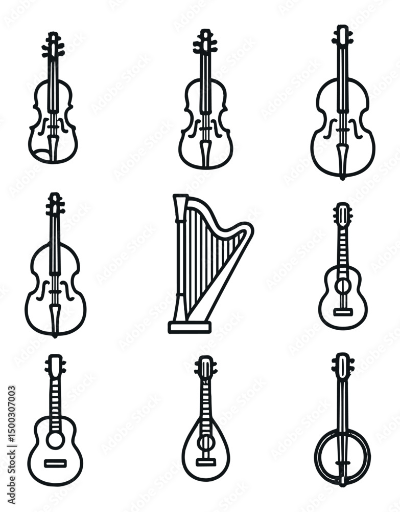 Aufkleber orchestral strings icon set. outline icon set of orchestral string instruments: violin, viola, cello