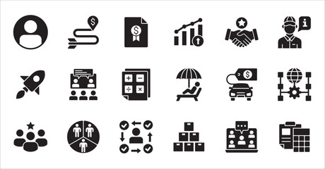 Business company and Management icon set. Contains symbol of teamwork, target, market, global, success, customer service, leadership, holiday, asset, meeting, entrepreneur. Vector illustration