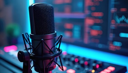 Modern studio microphone, recording podcast audio project in cyberspace. Professional vocal equipment, podcasting tech, voice over, online communication, ai voice tools. Technology background,