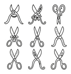 Ornate Shears Icon Set. Outline icon set of decorative pruning shears and scissors: filigree spring, floral-etched blade, curved