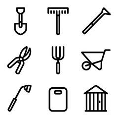 Garden Tools Icons. Outline icon set of garden tools: spade shovel, rake, hoe, pruner shears, garden fork, wheelbarrow, watering