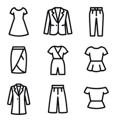 Garment Style Icons. Outline icon set of garment styles: A-line dress, tailored blazer, high-waist trousers, wrap skirt, jumpsuit,