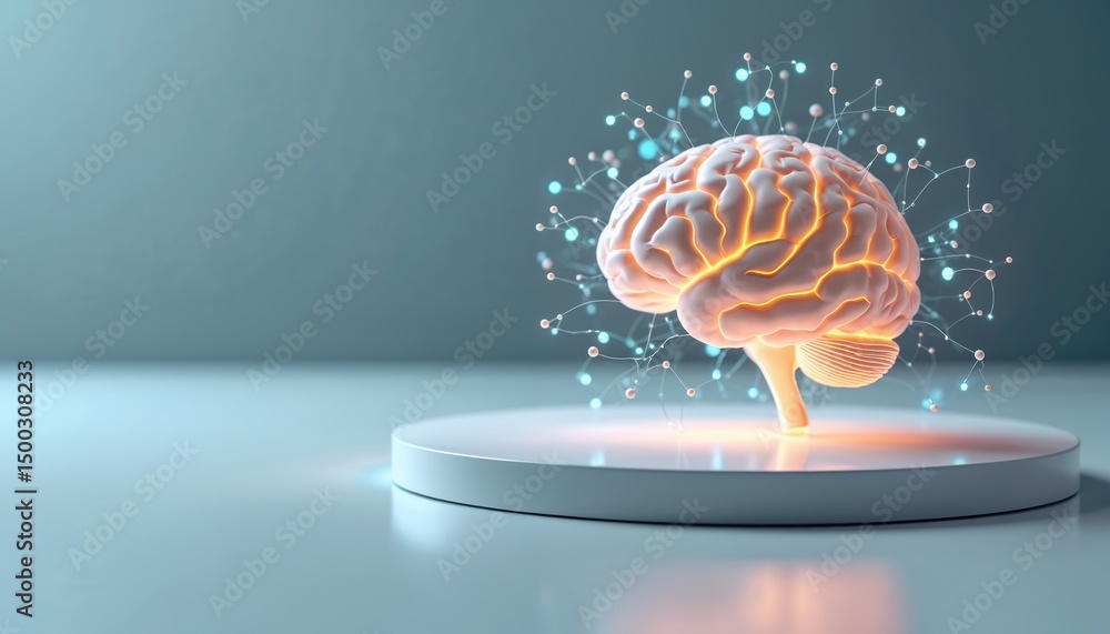 Aufkleber Futuristic digital brain model with neural network, illustrates AI tech innovation. Modern science advancement in cognitive computing, machine learning, data processing, intelligence, automation.