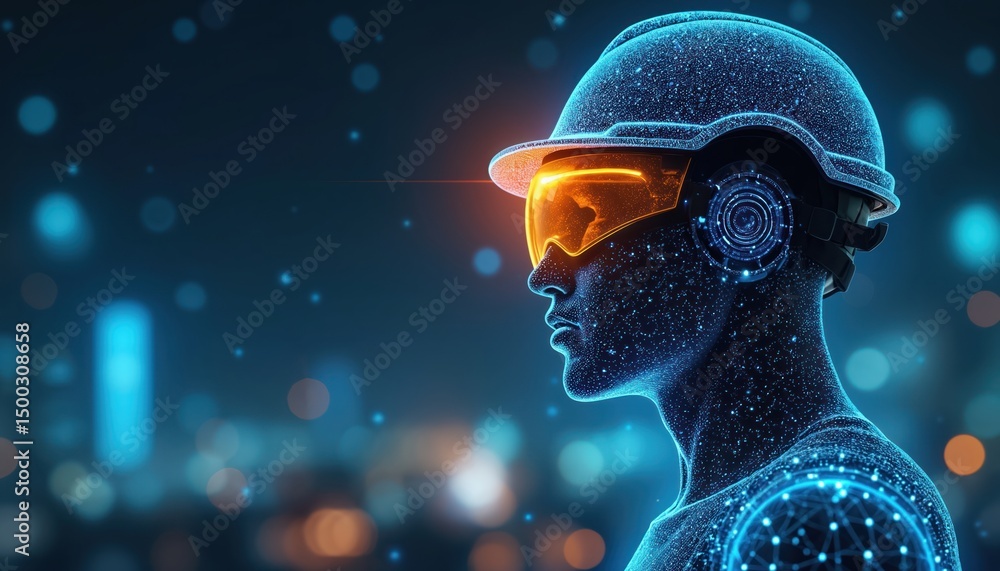 Poster futuristic digital hard hat, global network technology. smart helmet for construction worker, engine
