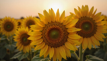 Obraz premium Sunflowers blooming in a field during golden hour 