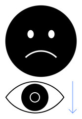 Sad face with downward curve, an eye beneath, and a downward arrow symbolizing negativity, decline. Ideal for emotions, failure, depression, demotivation, loss stress simple landing page