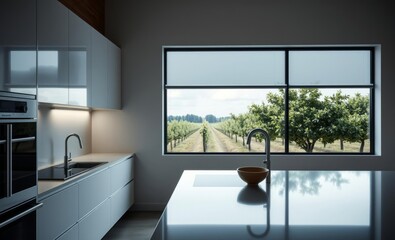 A minimalist kitchen where sleek white cabinetry met gleaming stainless steel countertops and a large window framed a verdant orchard offering a glimpse of rural tranquility 