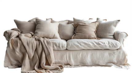 Modern rustic sofa with rolled arms and throw blanket isolated on transparent background