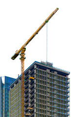 Under construction high multi-storey building with tower type construction crane isolated on...