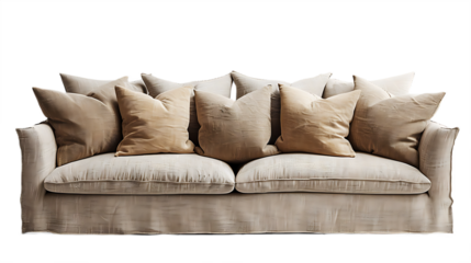 Neutral toned fabric sofa with classic slipcover isolated on transparent background