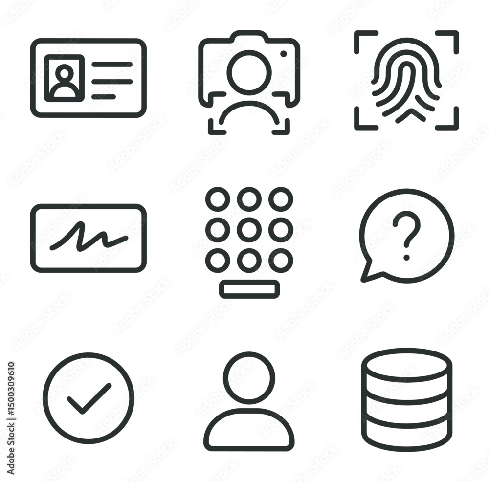 Poster identity verification icons. outline icon set of identity verification steps: id card, facial recogn