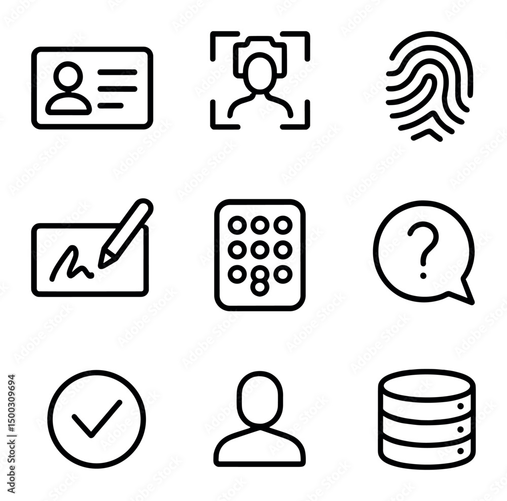 Poster identity verification icons. outline icon set of identity verification steps: id card, facial recogn